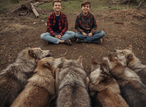 Two boys sitting opposite a pack of wolves in a forest clearing