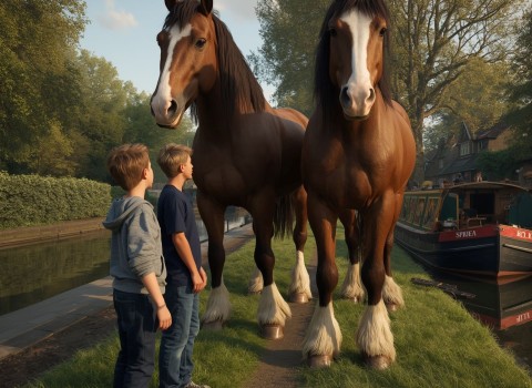 Two boys standing beside two shire horses on a canal towpath