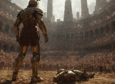 A bronze-armoured figure standing victorious in a crowded arena