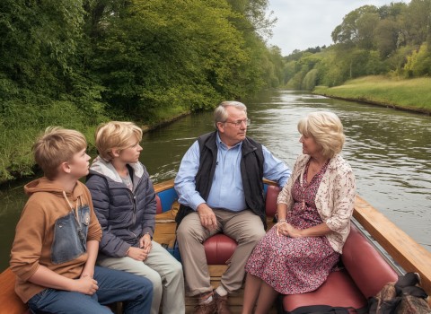 A family travelling together in a small boat along a green canal
