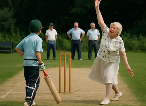 An older woman bowling to a young cricketer