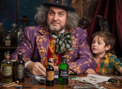 A colourfully dressed apothecary with a boy at his work table
